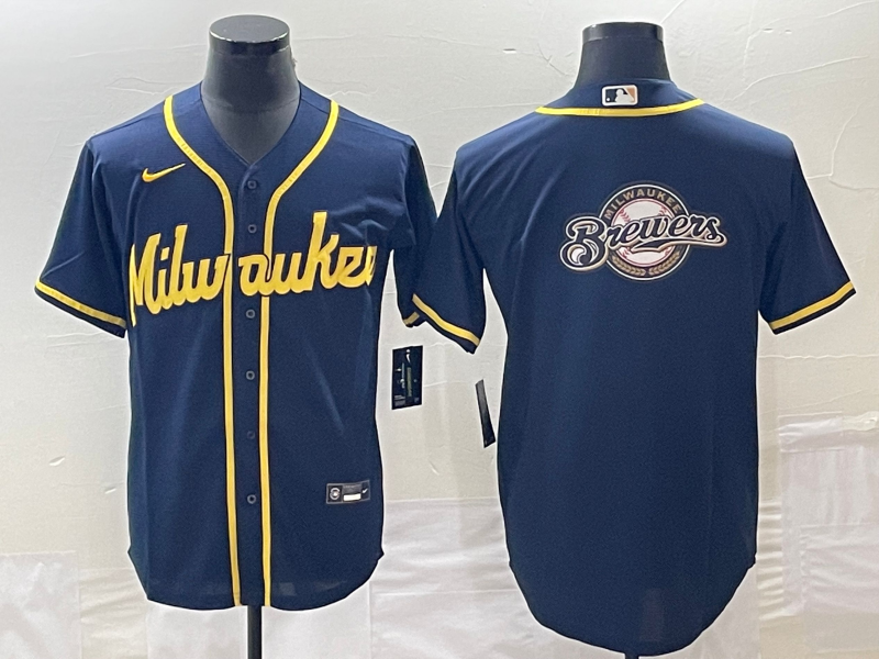 Men's Milwaukee Brewers Navy Team Big Logo Cool Base Stitched Jersey - Click Image to Close